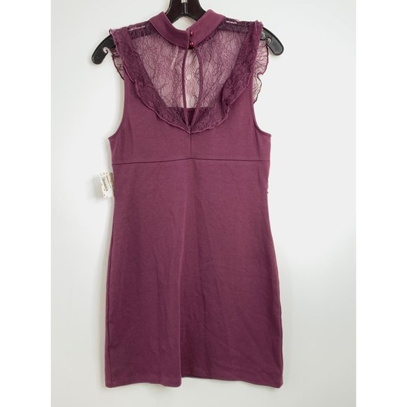 NWT Free People Beaumont Muse Lace Detail Dress Sz S Plum Mock Neck Ruffle 6503 - Picture 6 of 11